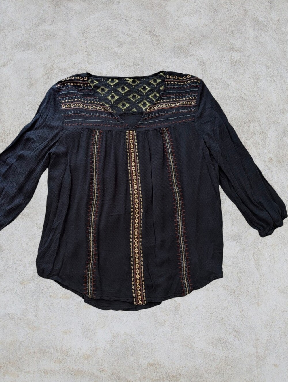 100% Rayon Embroidered Navy Blue Boho Peasant Top